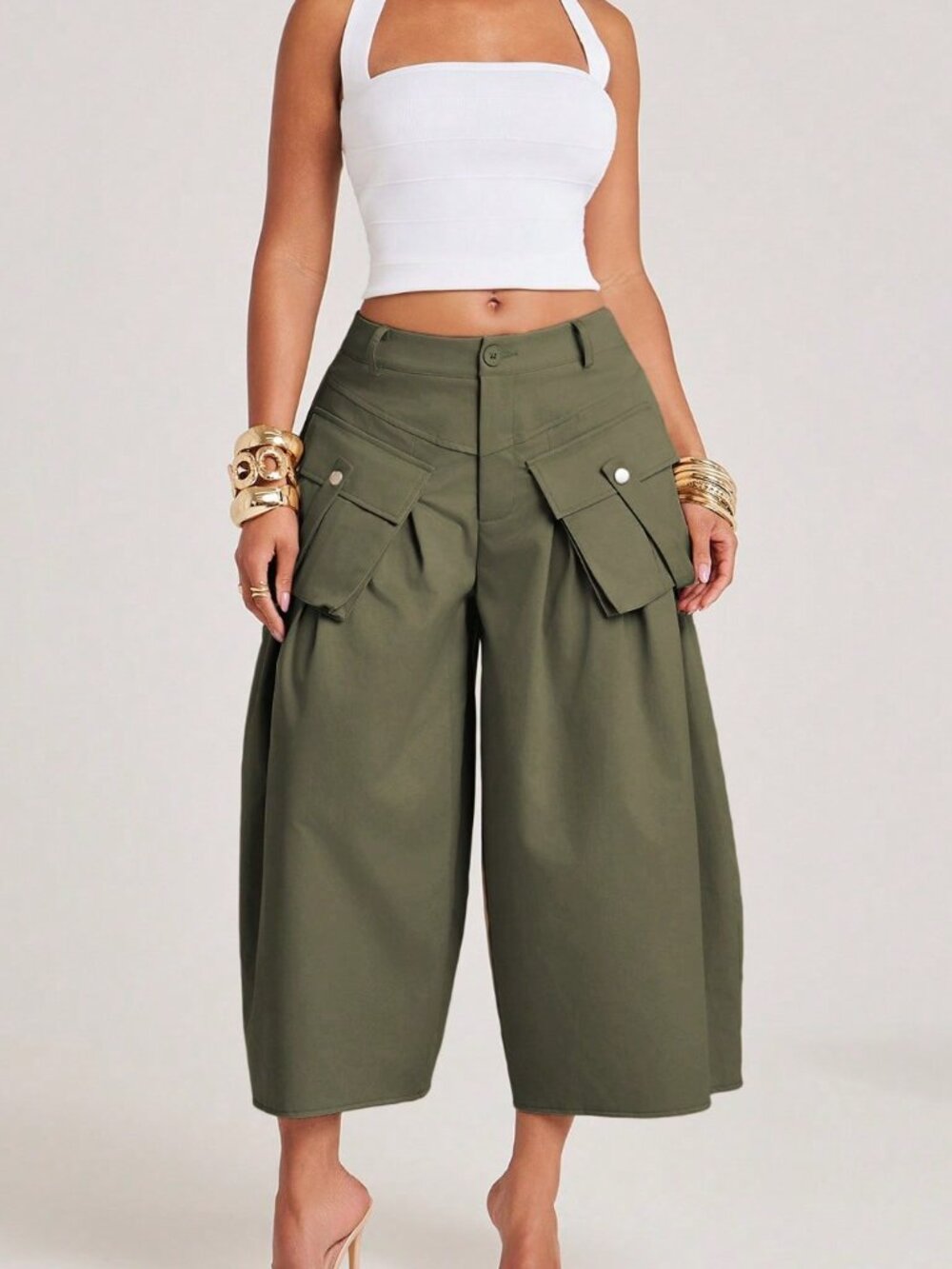 Army Green Casual Women's Loose Cargo Capris